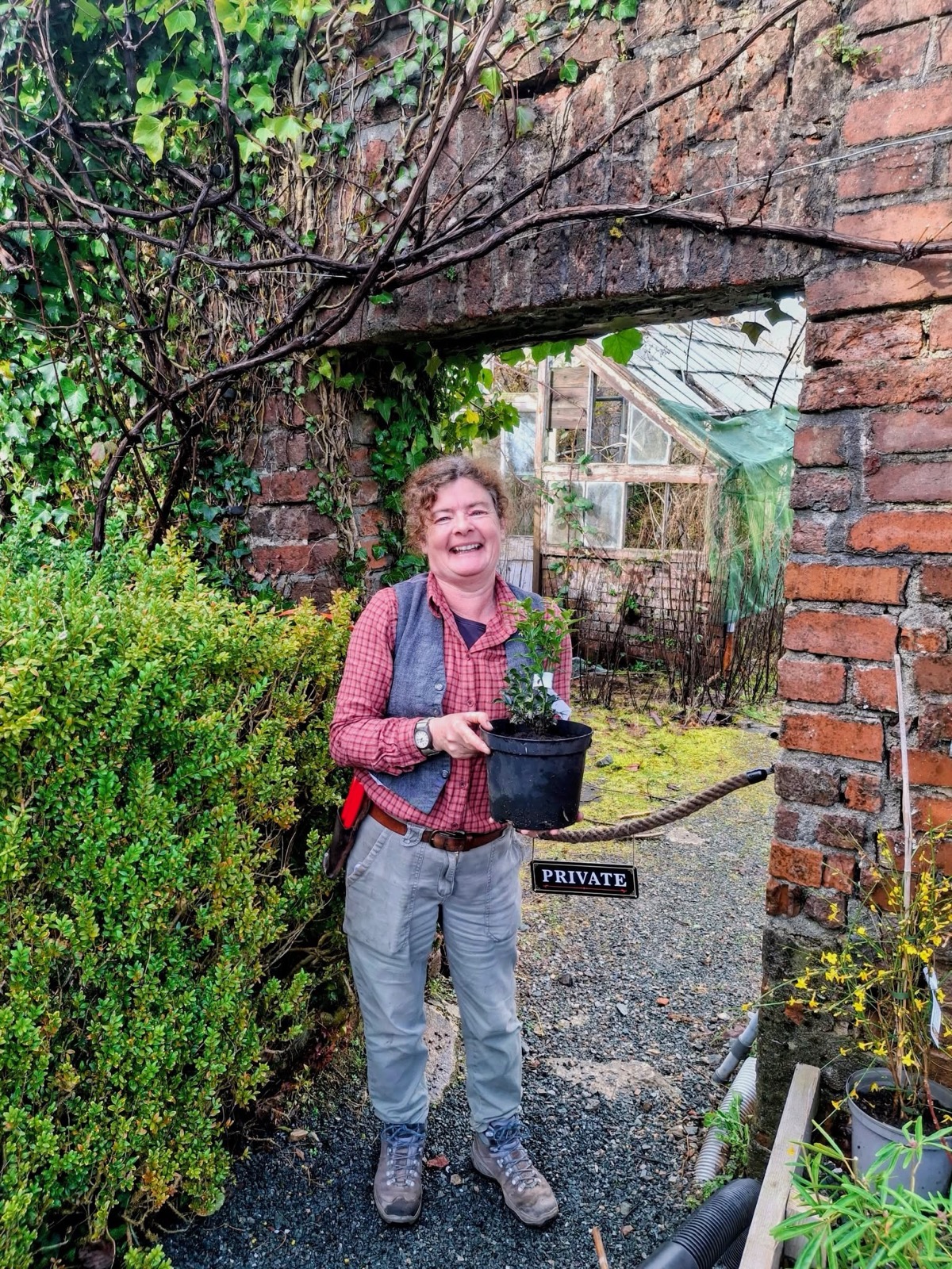 Claire holding a plant beneath an old garden archway