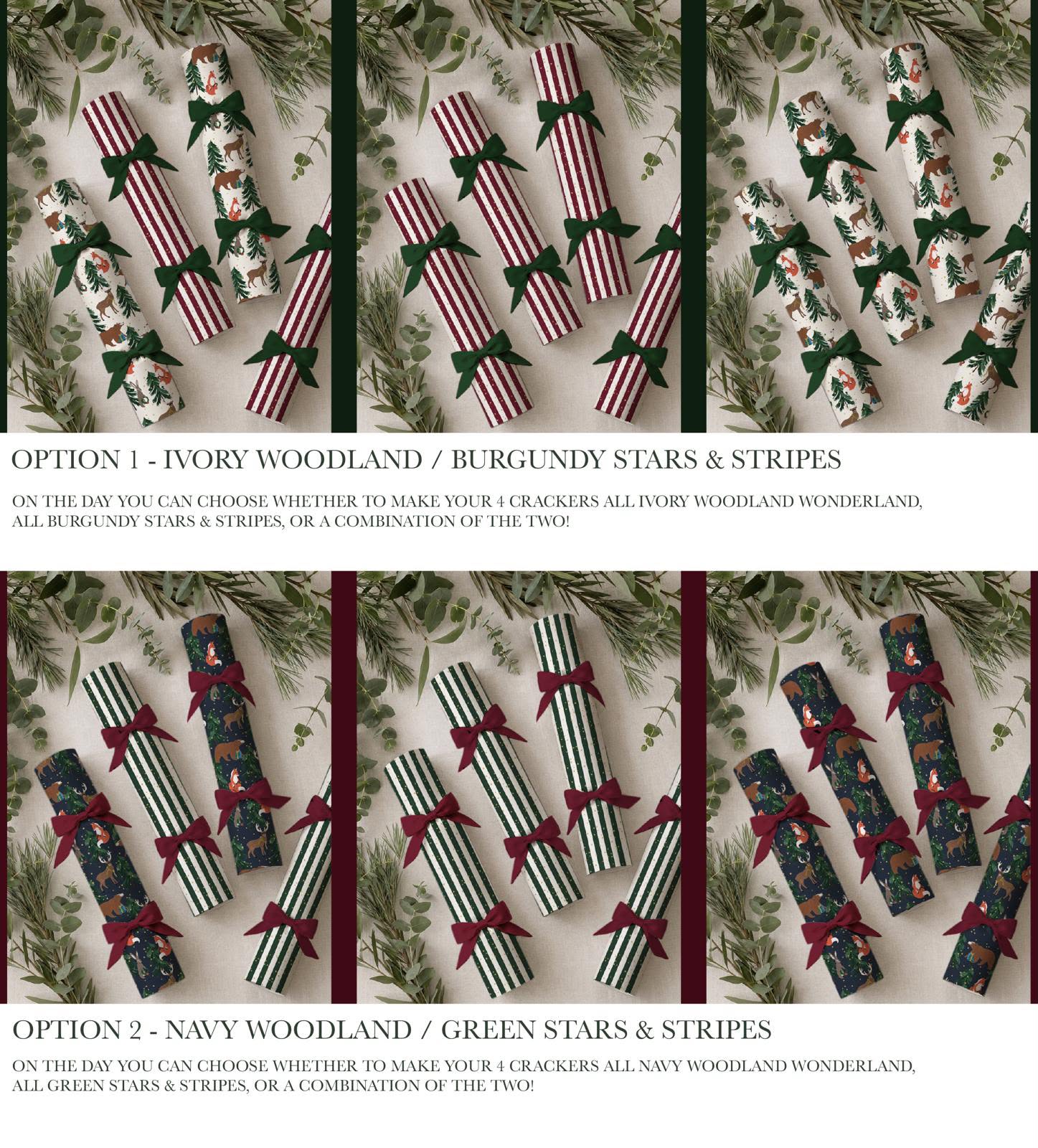Handmade Christmas crackers in woodland and striped designs, with ivory, burgundy, navy and green colour options