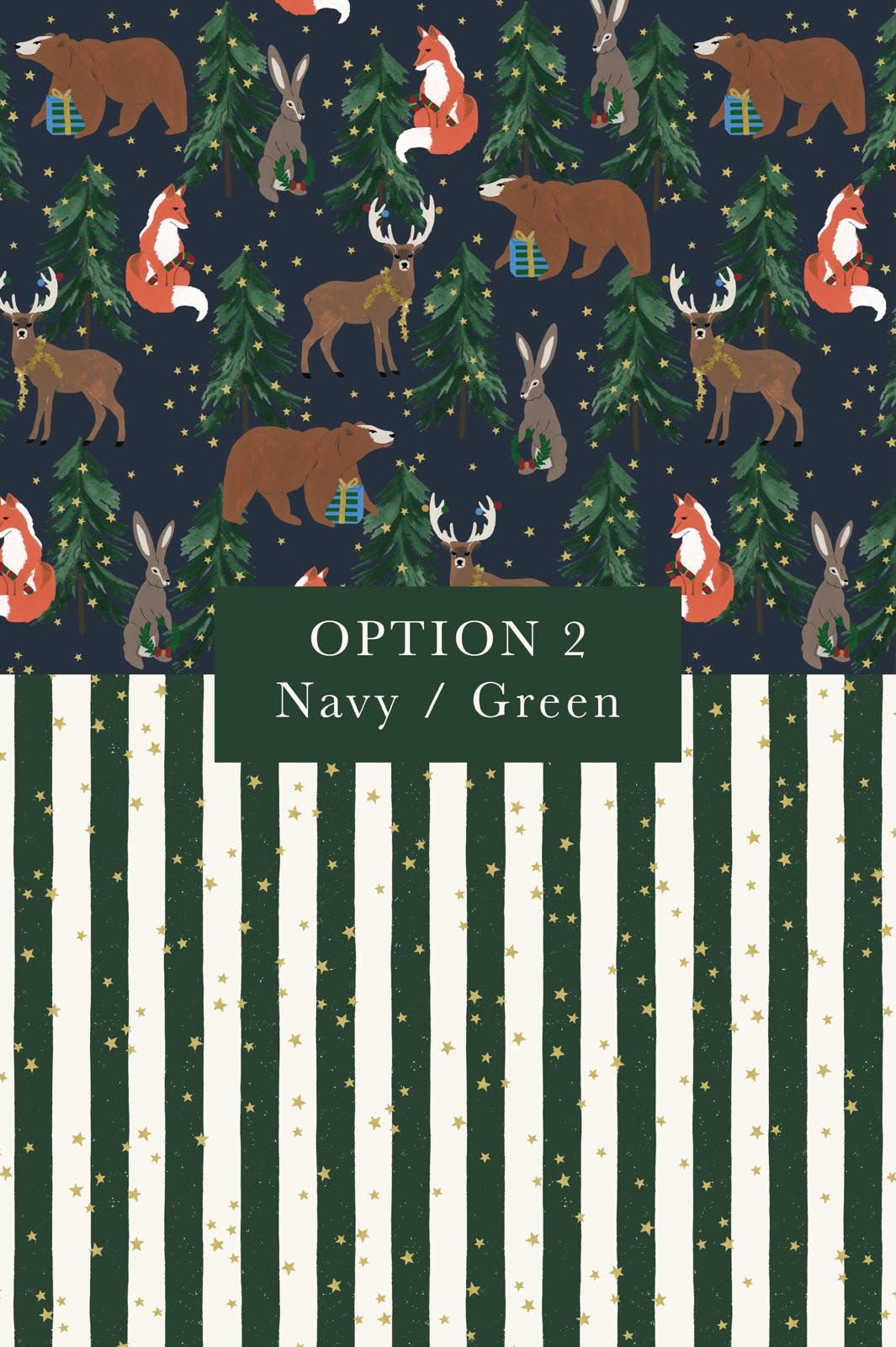 Option 2: navy woodland paper and green stripes with gold stars
