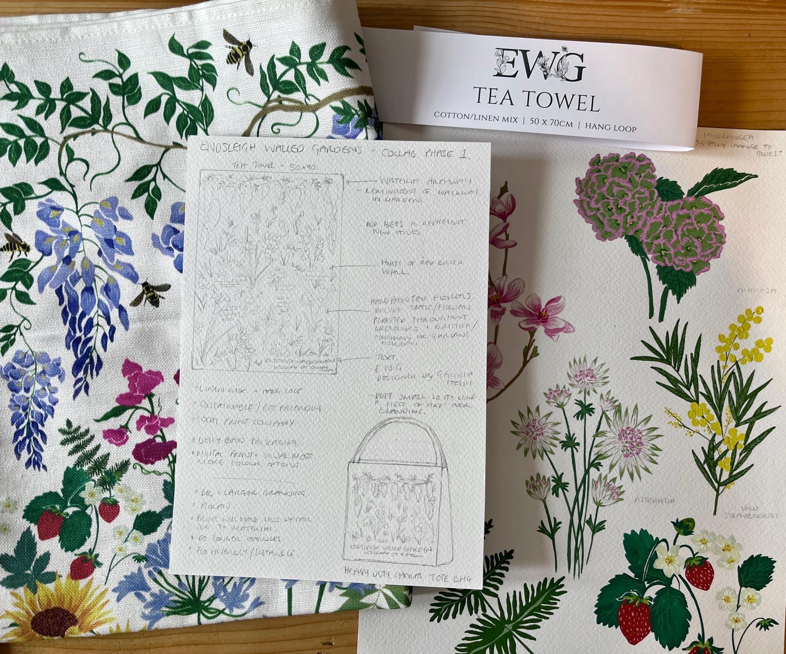 Gemma’s pencil layout sketches and painted flowers beside a printed tea towel