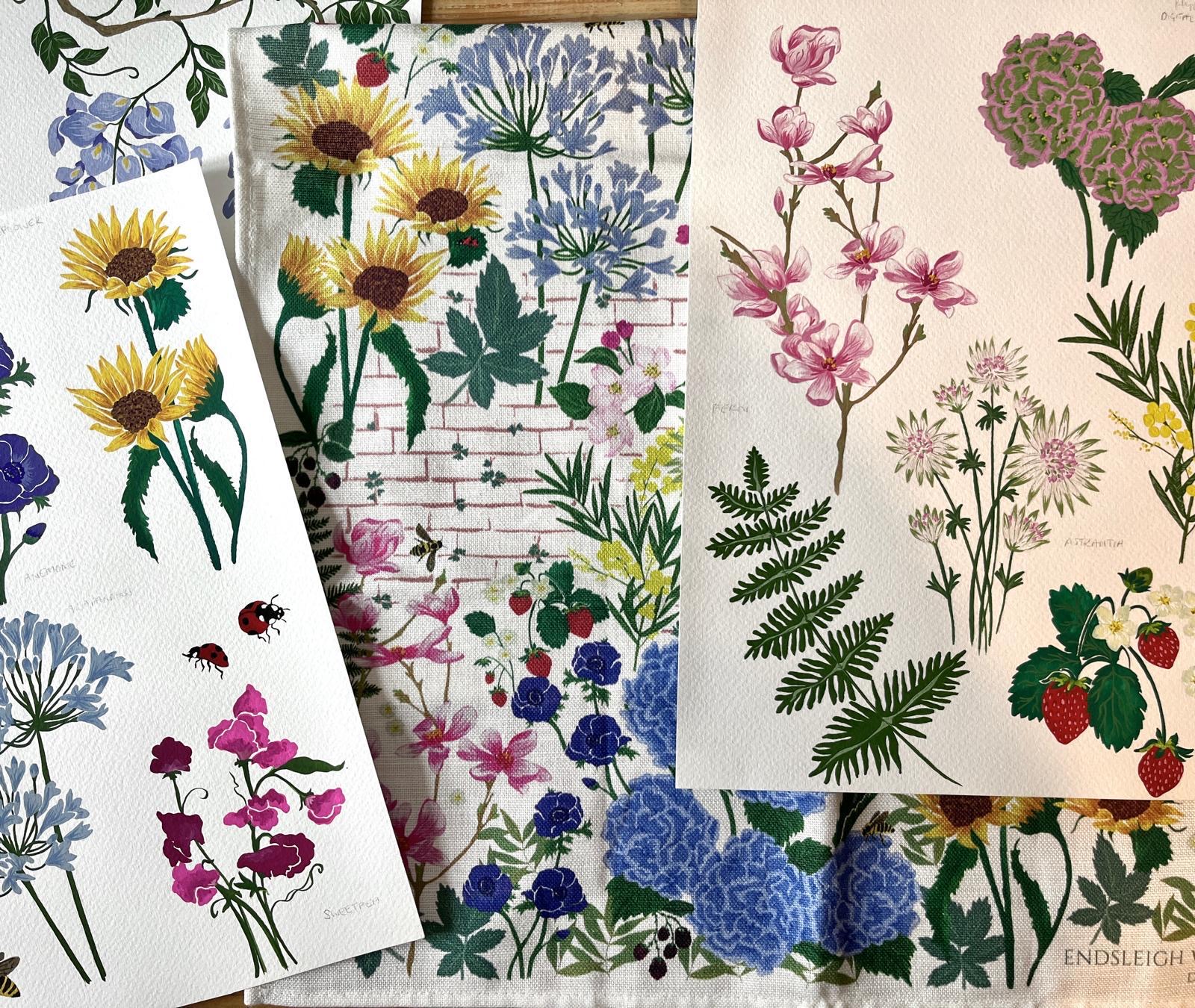 Gemma’s original flower paintings alongside the same flowers in the finished textile print