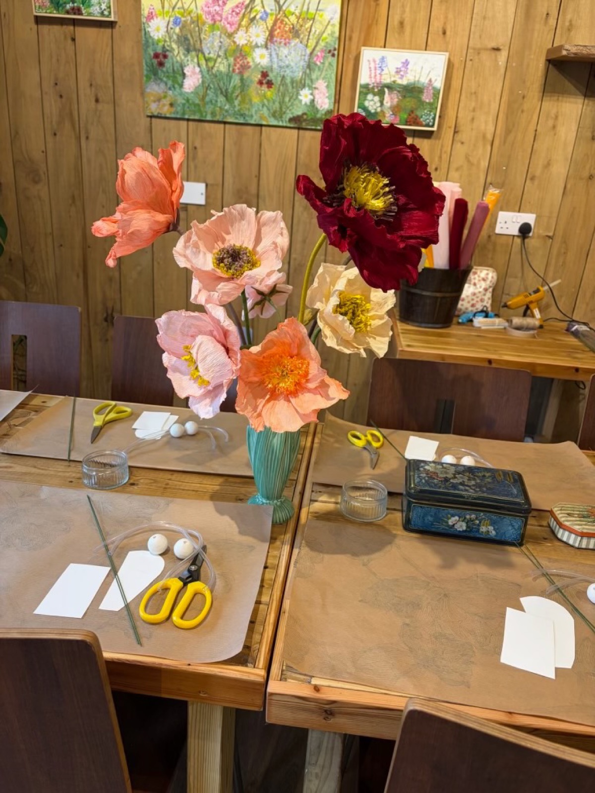 Handmade paper flowers from a garden workshop