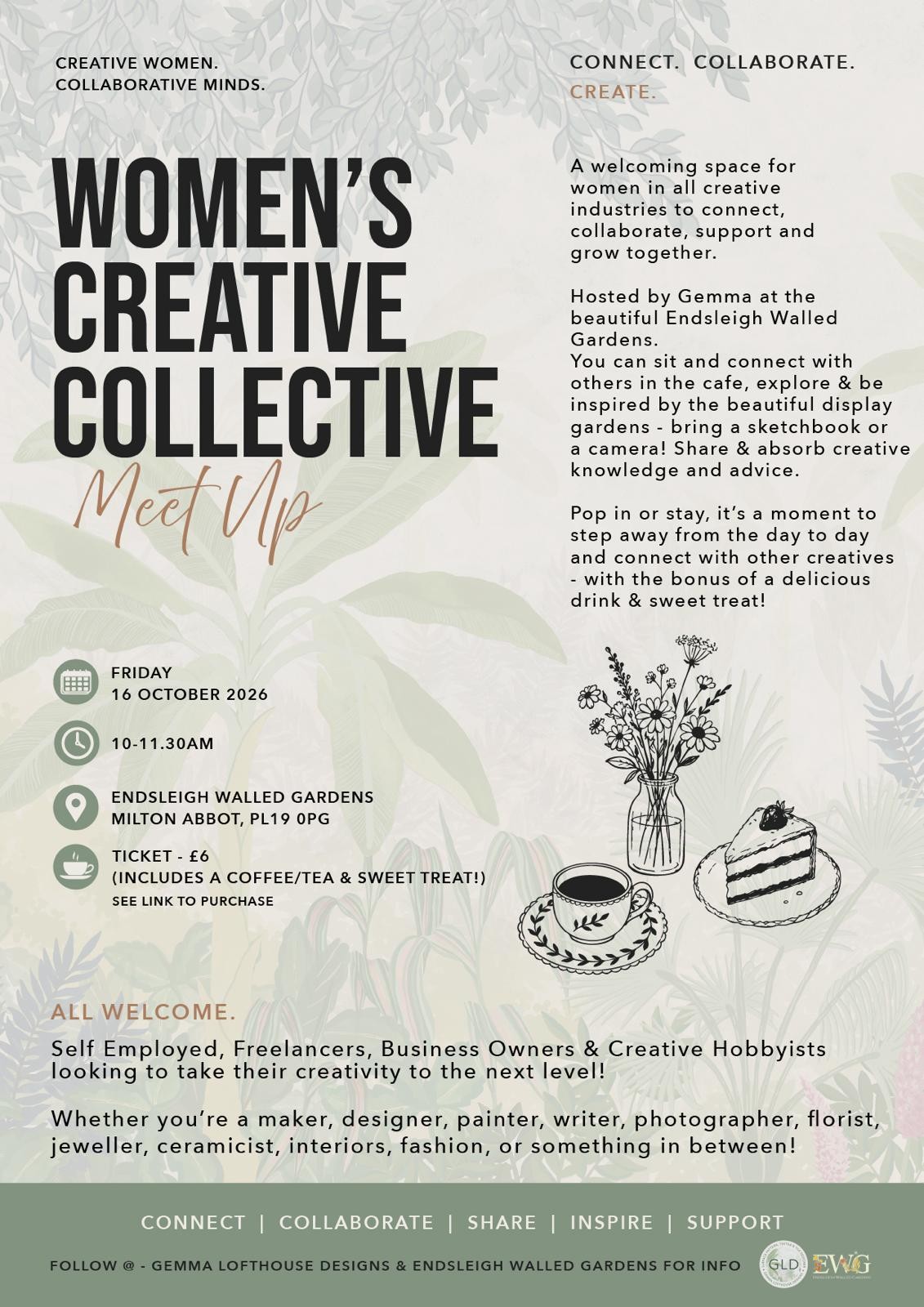 Women’s Creative Collective meet up poster. Friday 16 October 2026, 10am to 11.30am, £6 including a drink and sweet treat